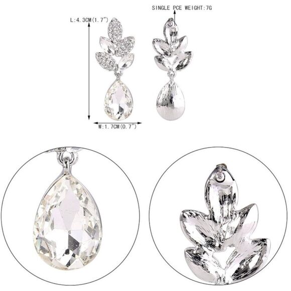 Silver with White Diamond Crystal Leaf Teardrop Dangling Post Back Drop Earrings - Picture 5 of 5